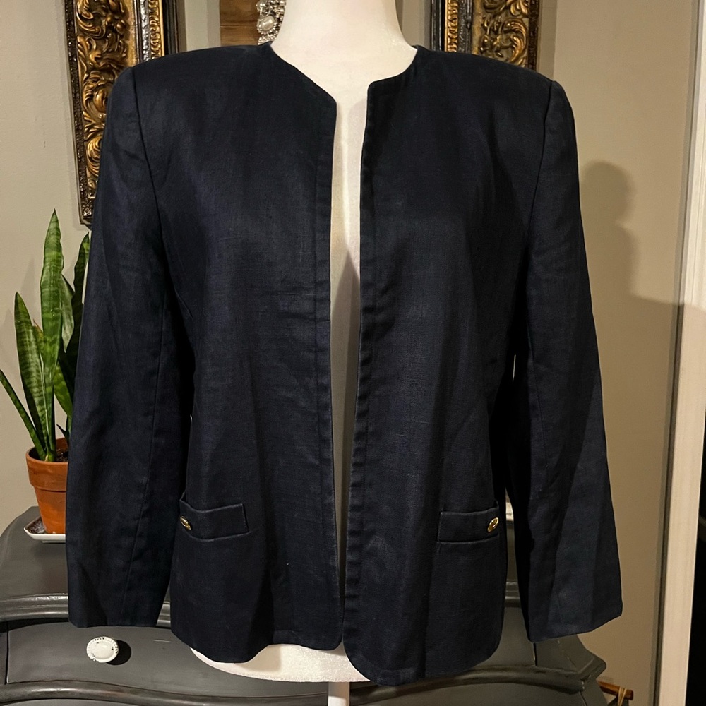 Vintage Talbots Navy Blue 100% Linen Blazer Size 12 Preppy Old Money Classic